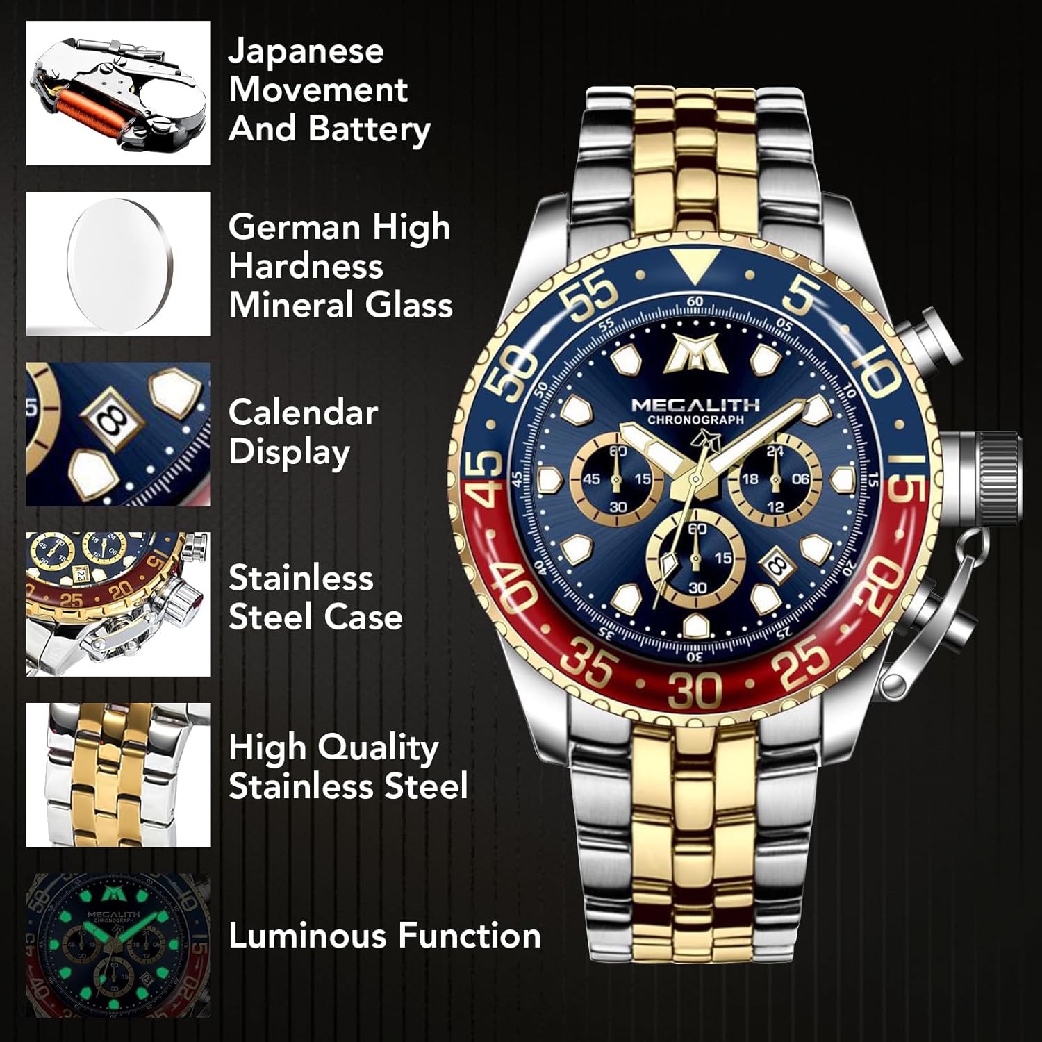 MEGALITH Men's Watch Stainless Steel Chronograph Watch Men's Waterproof Large Analogue Watch Men's Business Design Watches for Men Calendar Luminous – Bild 7