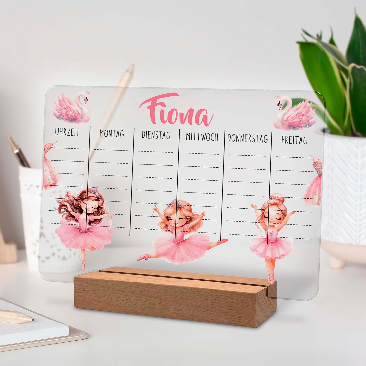 Personalised Acrylic Glass Timetable 20 x 15 cm with Name Optional LED Wooden Base Warm White Gift for Starting School Primary School Ballerina – Bild 2