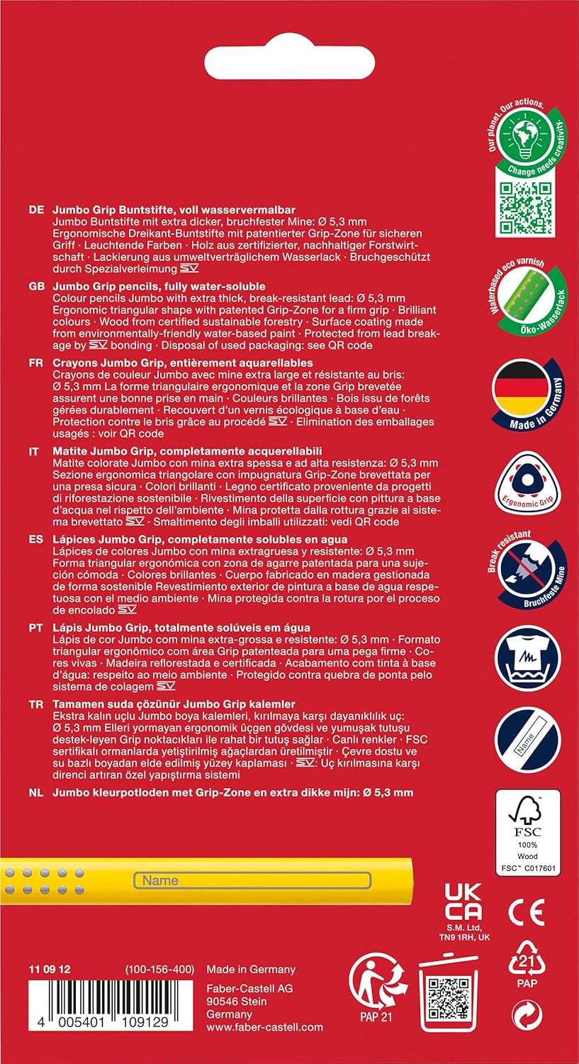 FABER-CASTELL 110912 Jumbo Grip Colouring Pencils, Set of 12, Triangular, Shatterproof, for Children and Adults – Bild 2