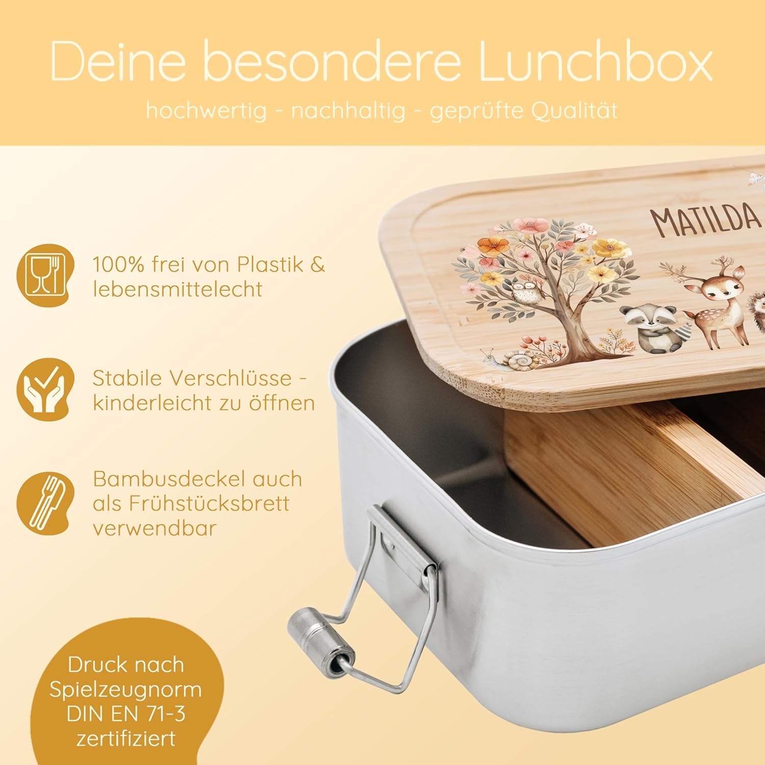 Personalised Lunch Box for Children with Special Print - Robust Stainless Steel Lunch Box - Personalised Gifts for Children and Adults (Flower Tree Animals, Small Tinplate) – Bild 4