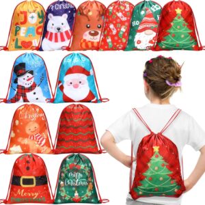 Pack of 12 Christmas Backpack with Drawstring Gift Bags 13.19 x 16.34 Inches Christmas Santa Claus Snowman Christmas Tree Gift Bags Party Bags for Children Birthday