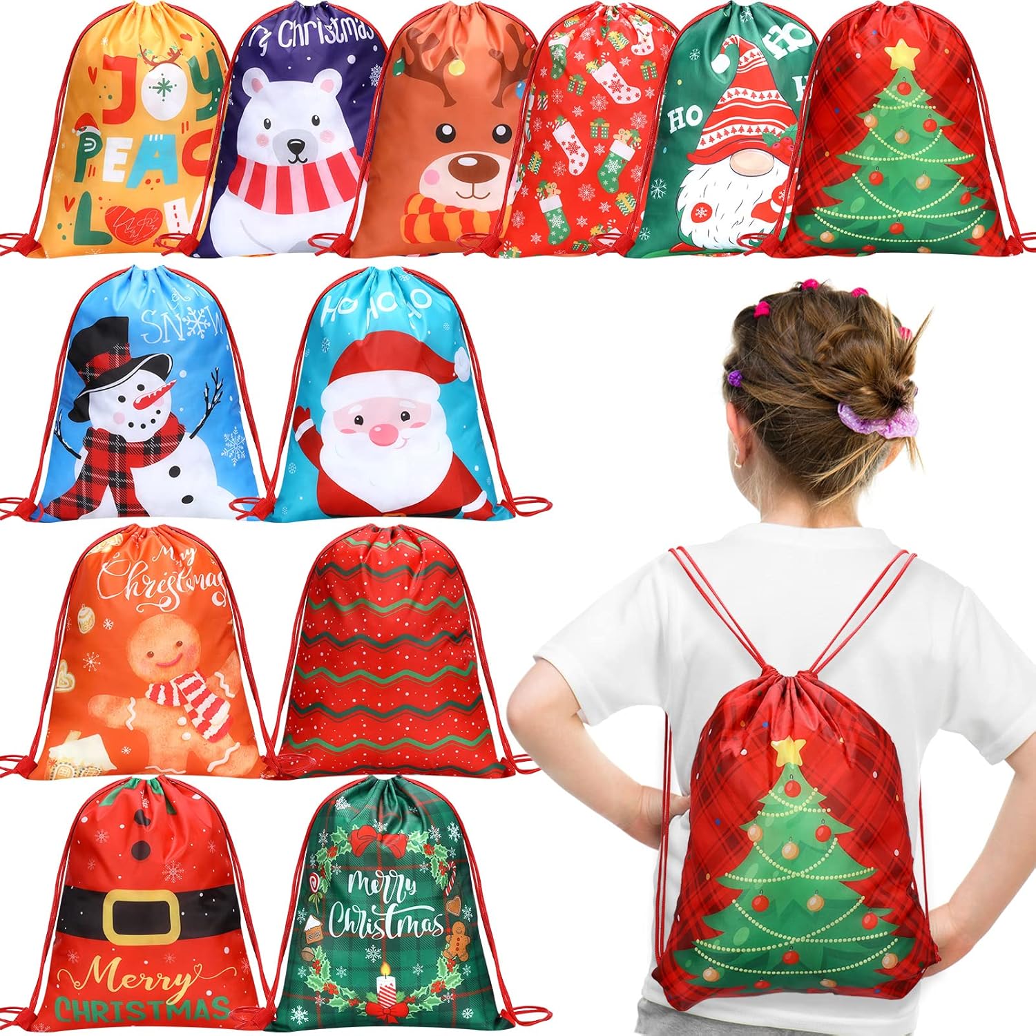 Pack of 12 Christmas Backpack with Drawstring Gift Bags 13.19 x 16.34 Inches Christmas Santa Claus Snowman Christmas Tree Gift Bags Party Bags for Children Birthday