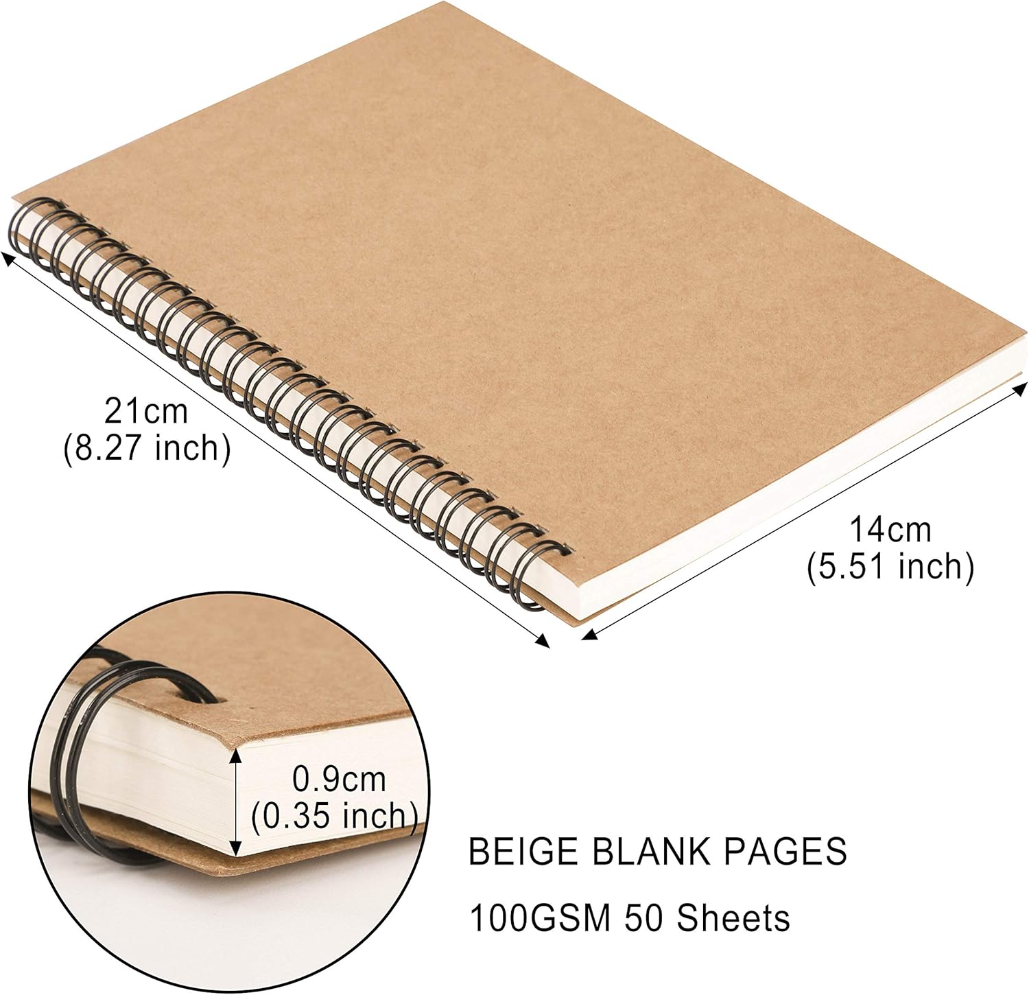 Notepad A5 Spiral Notebook Blank Sketch Pad Kraft Paper Cover Writing Pad Drawing Pad 100 Pages/50 Sheets for Travel School and Office 21 x 14 cm, 4 Packs (Brown and Black) – Bild 2