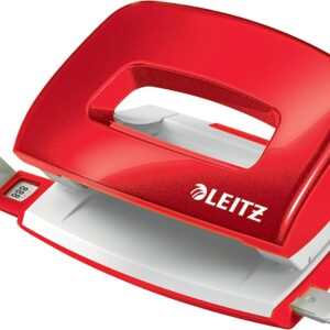 Leitz WOW 50601026 Mini Metal Hole Punch for 10 Sheets, Stop Rail with Format Requirements, for Office, Home Office & School, Metallic Red
