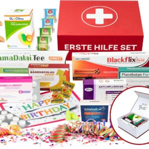 Funny First Aid Set – 10 Pieces – Gift Box with Various Contents – Funny Medicine Packs with Birthday Card in Elegant Magnetic Box – Funny Birthday Gift for Men and Women