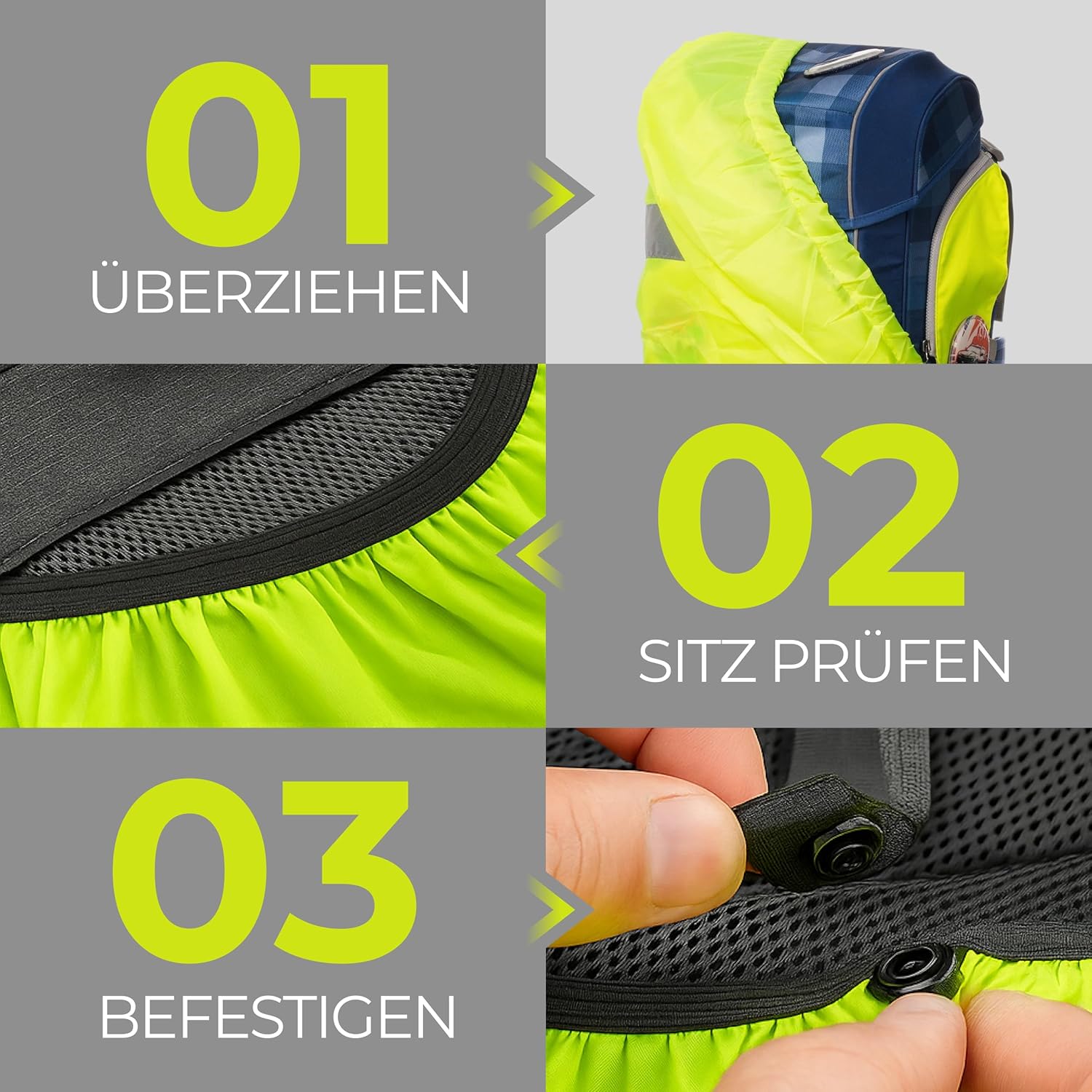 Rain cover for backpacks, water and wind resistant, reflective strips, backpack protection, rain cover, neon safety cover, reflective cover. Yellow – Bild 5