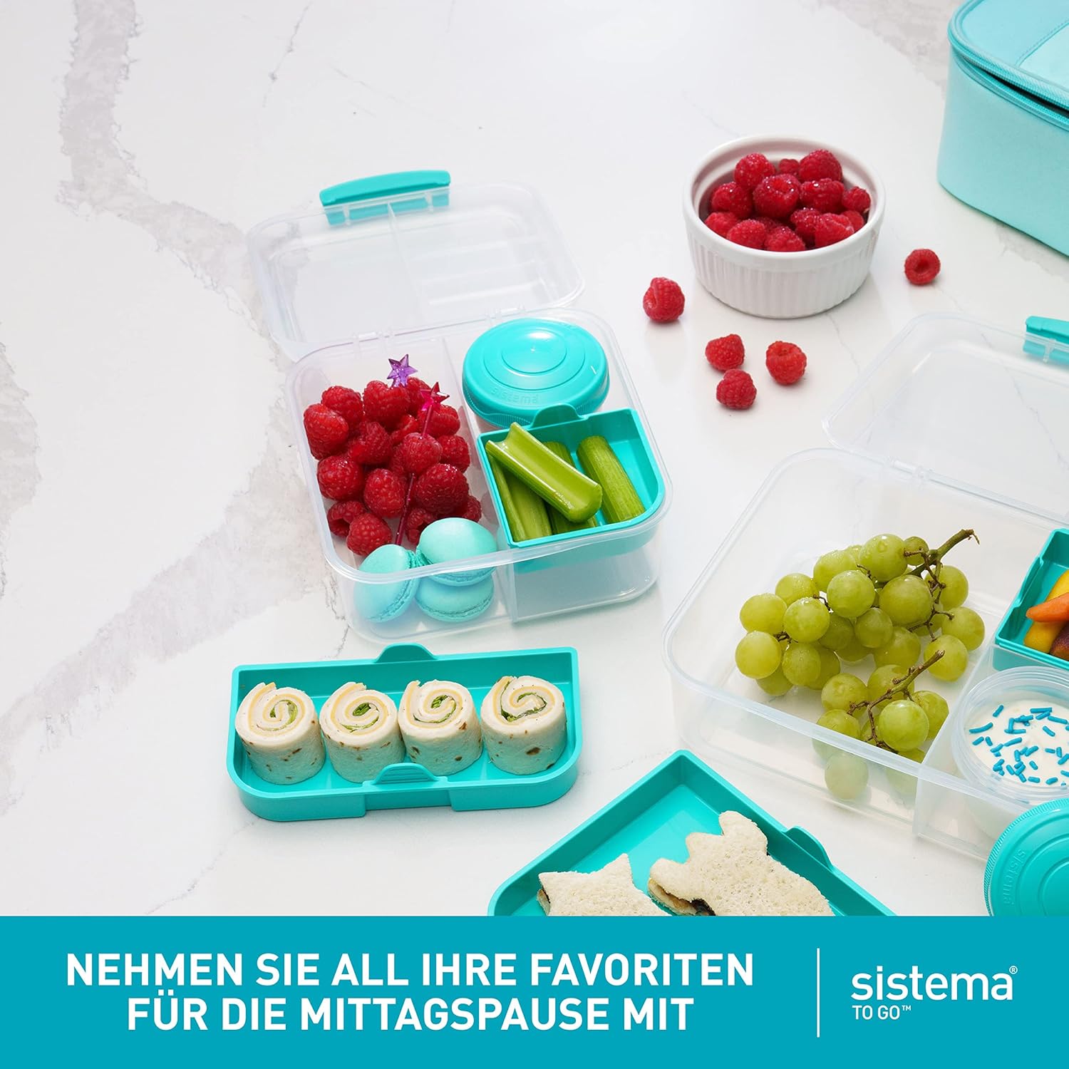 Sistema Bento Box To Go Lunch Box with Compartments, 1.25 L Lunch Box with Yoghurt/Fruit Container, Lunch Box Children and Adults, Teal – Bild 2