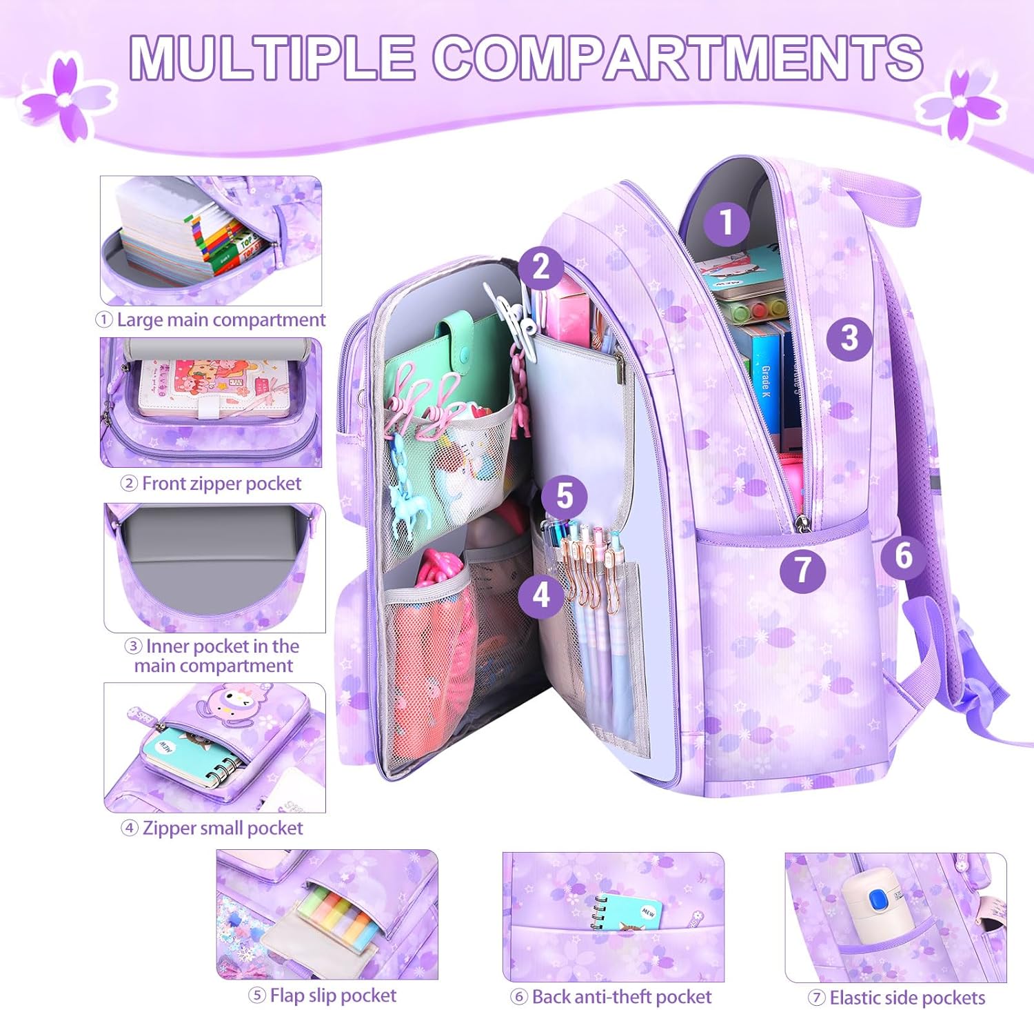 School Bag for Girls, Lagre Capacity School Backpack with Laptop Compartment, Girls Backpacks for Primary School – Bild 3
