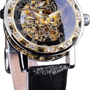 FORSINING Winner Retro Manual Mechanical Skeleton Watch with Diamond Carving Flower Craft Men’s Watch Classic Roman Numeral Black Gold Colour