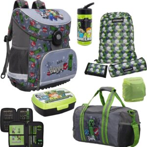 Familando Minecraft School Bag Set Parent, gray, 9 piece set with lunch set and gym bag
