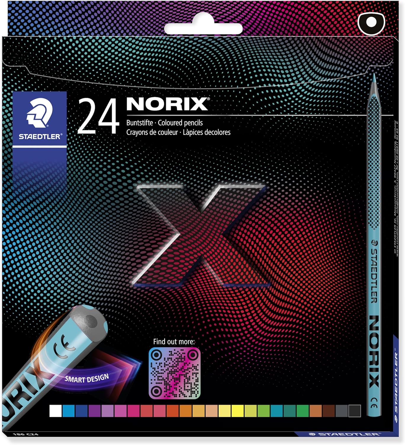 STAEDTLER Norix 186 Colouring Pencil, Made from Upcycled Wood, Unique Shape, Cardboard Case with 24 Coloured Pencils in Assorted Colours, 186 C24