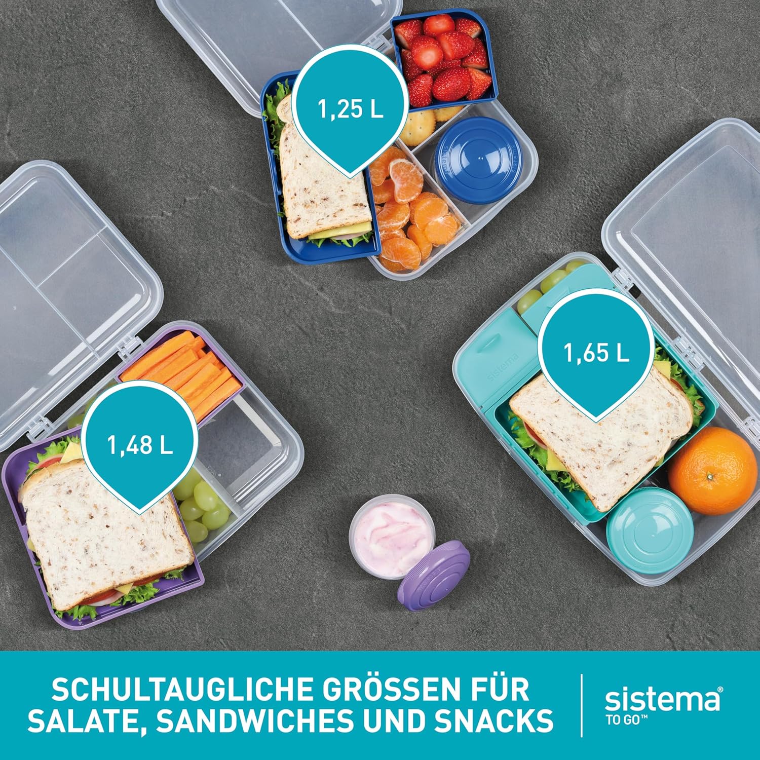 Sistema Bento Box To Go Lunch Box with Compartments, 1.25 L Lunch Box with Yoghurt/Fruit Container, Lunch Box Children and Adults, Teal – Bild 3