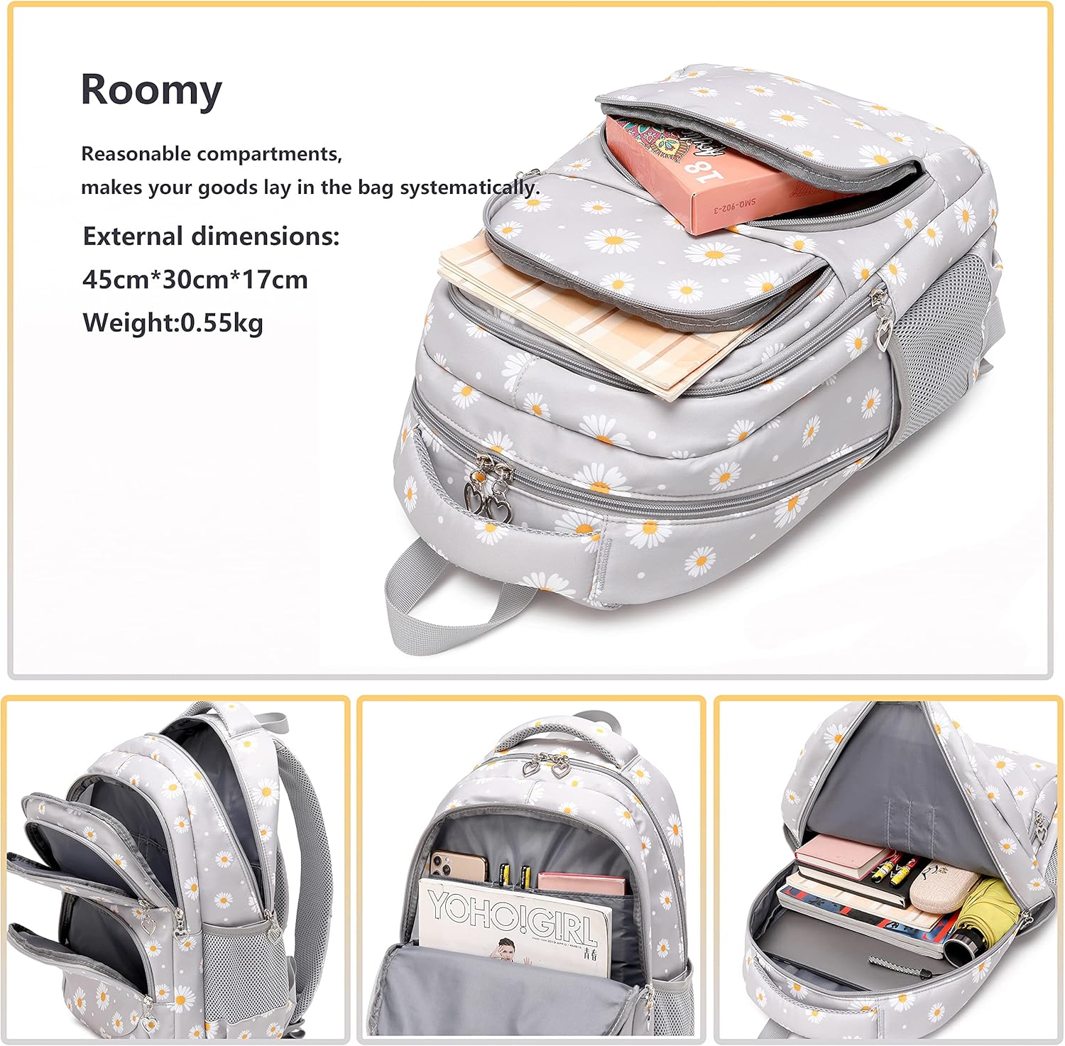 Girls' School Backpack, Women's Oxford Backpack with Floral Pattern, School Bag, Outdoor / Leisure Daypack, School Backpack for Teenagers with USB Charging Port – Bild 5