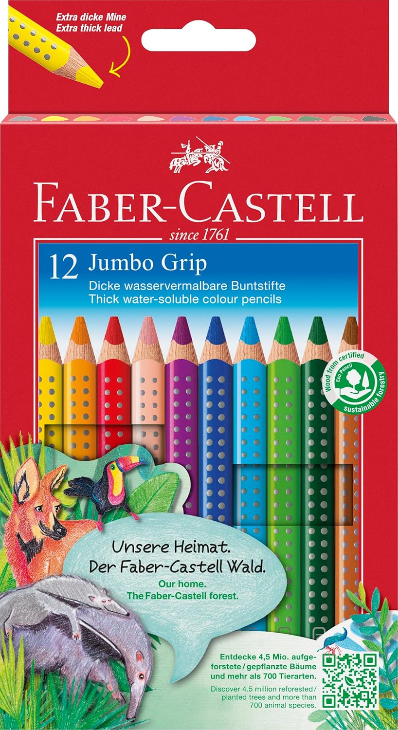 FABER-CASTELL 110912 Jumbo Grip Colouring Pencils, Set of 12, Triangular, Shatterproof, for Children and Adults