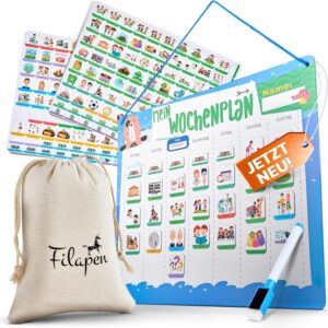 Filapen® Montessori Children's Weekly Planner, Magnetic Board with 209 Magnets, Fabric Bag, Pen & Cord, Task Planner, Complete Write-On and Wipe Clean, Promotes Independence