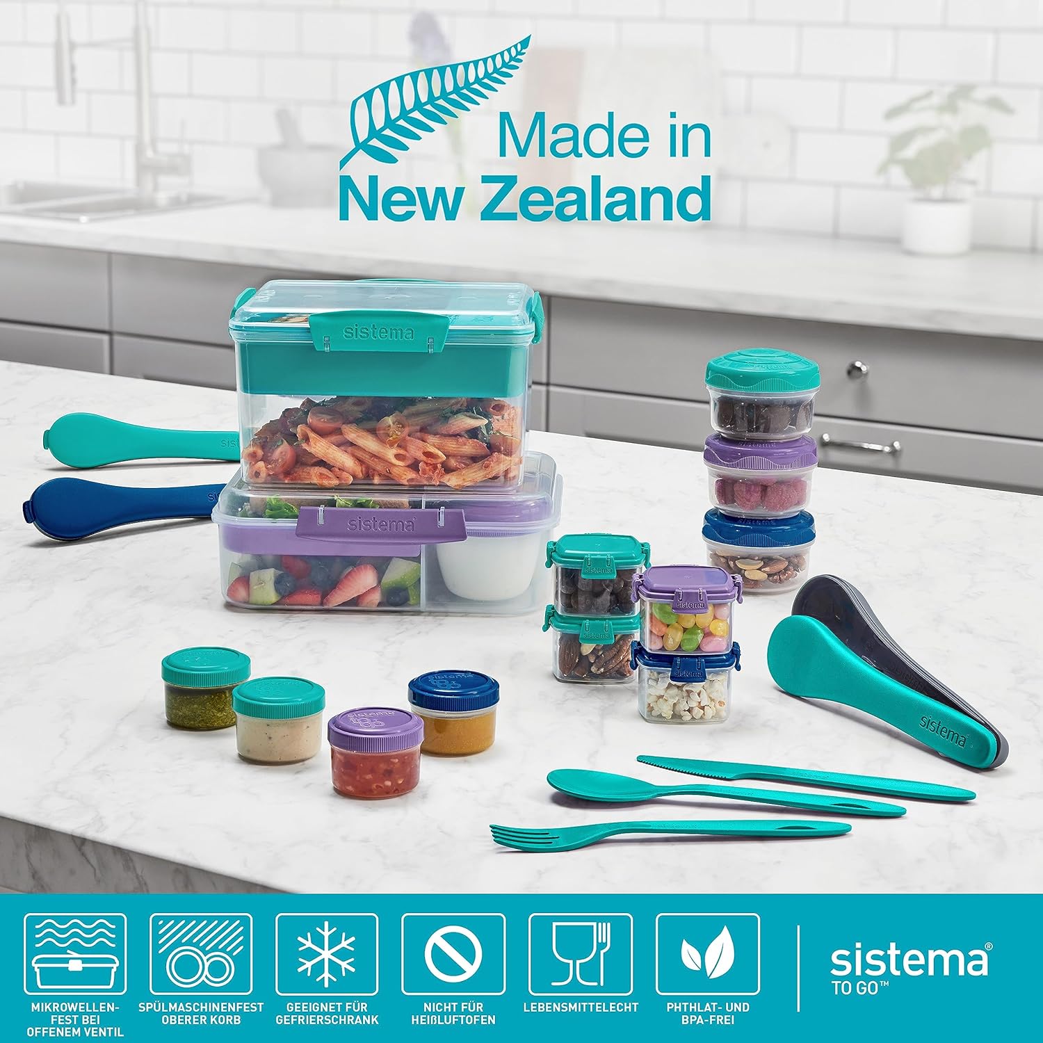 Sistema Bento Box To Go Lunch Box with Compartments, 1.25 L Lunch Box with Yoghurt/Fruit Container, Lunch Box Children and Adults, Teal – Bild 7