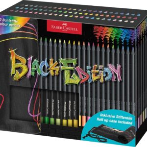 Faber-Castell 116418 Colouring Pencils Set with Pen Roll, 72 Black Edition Colouring Pencils, Includes Metallic and Neon Colours