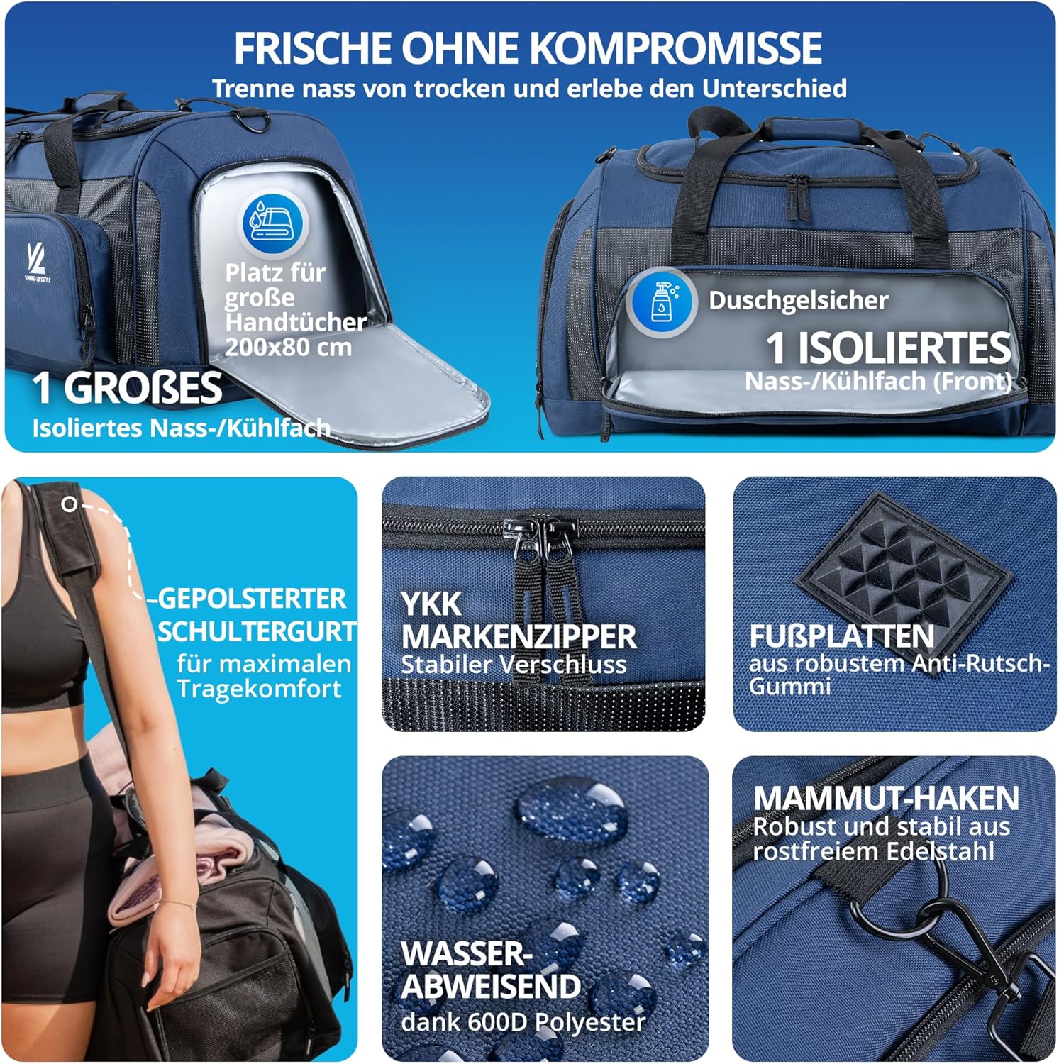 Sports Bag - Variations (Parent), Blue-carbon, Sports bag with wet compartment and shoe compartment and cooling compartment – Bild 2