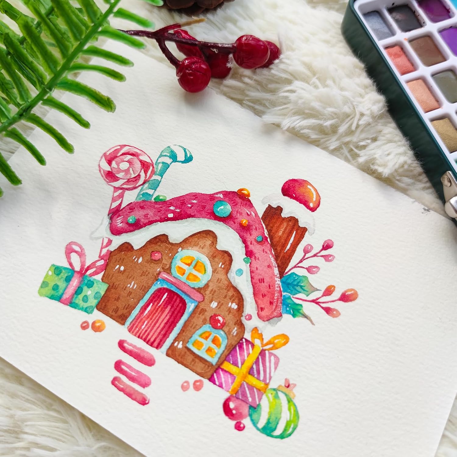 Artecho Aquarellfarben Set 50 Farben in Tragbarer Box Inklusive 4 Fluoreszierende, Wasserfarben with Aquarellpapier, pinsel und andere Zeichnung Werkzeuge, Ideal für Künstler und Hobbymaler – Bild 6
