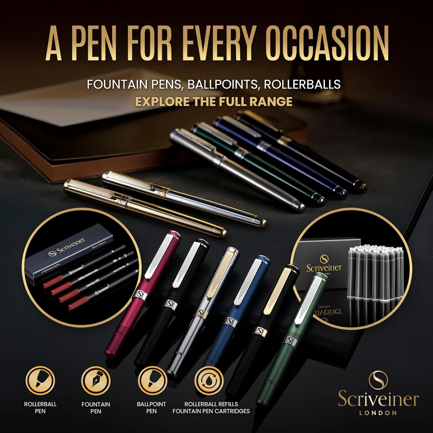 Scriveiner Ballpoint Pen - High Quality Design Rollerball Pen with 24 Carat Details, Black Schmidt Refill, Gift Box, Office Set, Beautiful Professional Ballpoint Pen (Silver) – Bild 6