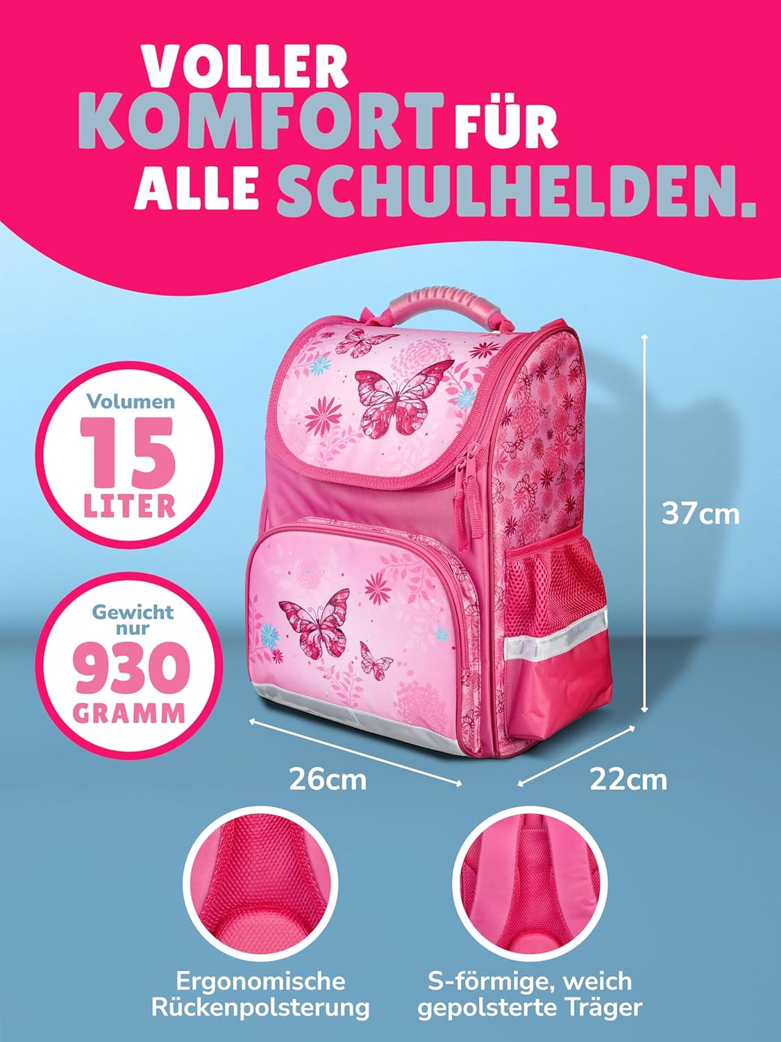 Familando School Bag 1st Class · Ergonomic Satchel · School Bag for Boys and Girls (Complete Set with School Cone, Butterfly Butterflies Pink) – Bild 2