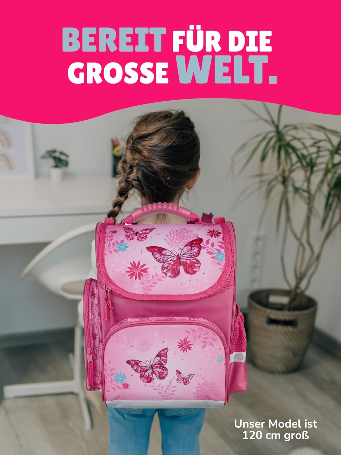 Familando School Bag 1st Class · Ergonomic Satchel · School Bag for Boys and Girls (Complete Set with School Cone, Butterfly Butterflies Pink) – Bild 3