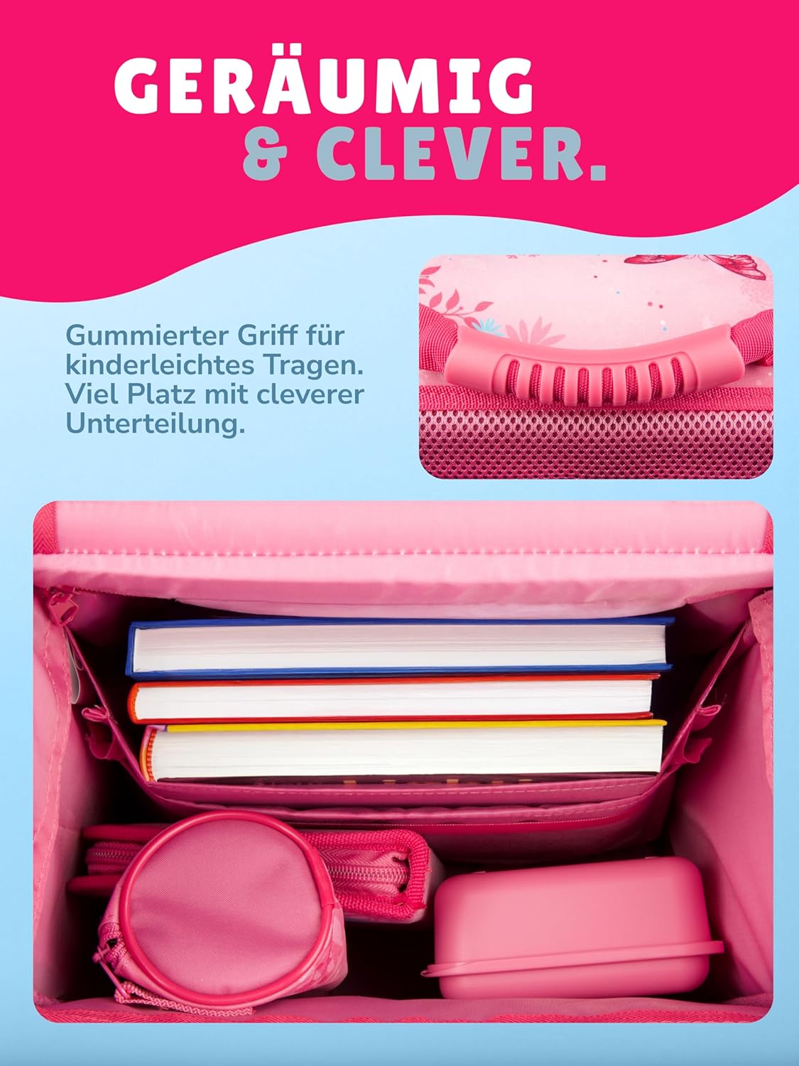 Familando School Bag 1st Class · Ergonomic Satchel · School Bag for Boys and Girls (Complete Set with School Cone, Butterfly Butterflies Pink) – Bild 6