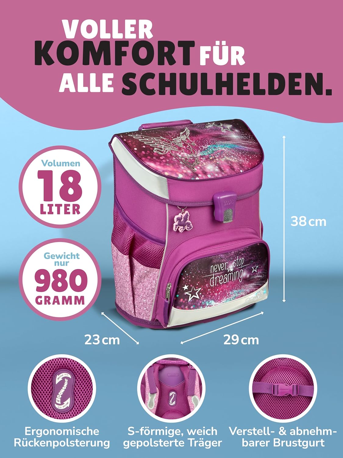 Familando Girls School Bag 1st Class · Scooli Campus Fit School Bag · Ergonomic & Lightweight · Children's School Bag Set for Girls (10-Piece with School Cone, Pegasus Purple) – Bild 2