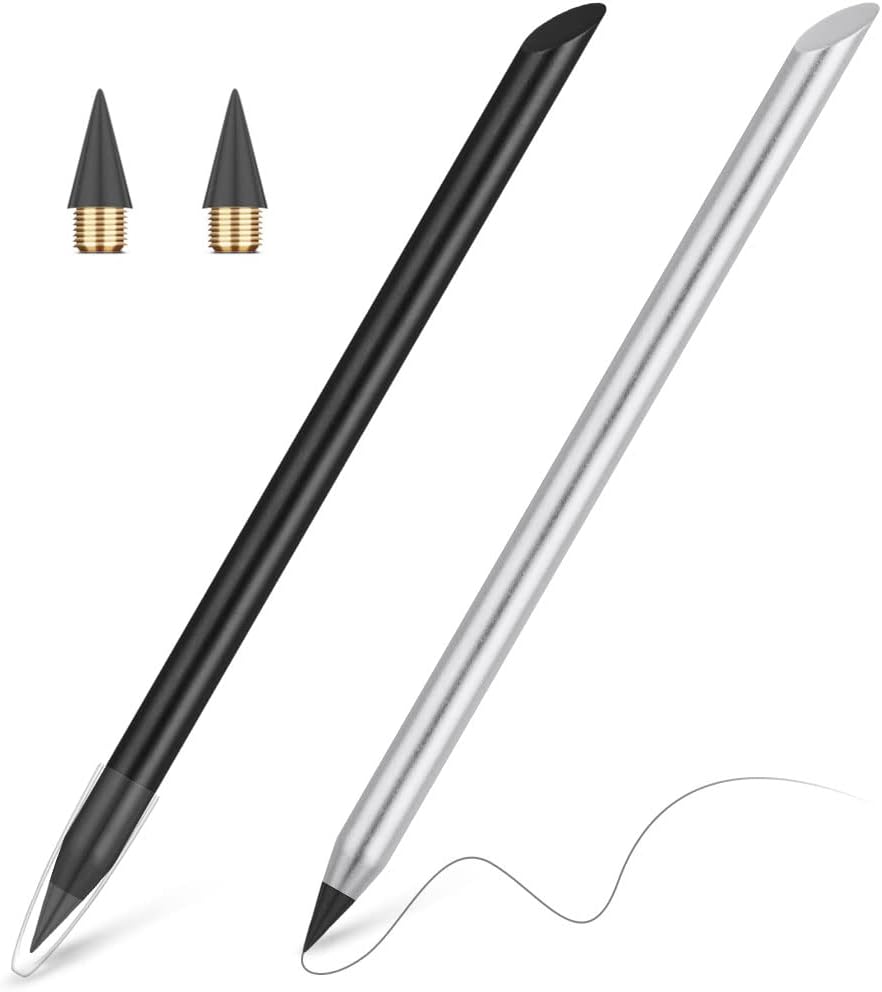 AUAUY Pack of 2 Metal Inkless Pencils, Pencil Without Sharpener with 2 Interchangeable Perpetual Pencil Replacement Heads for Children and Adults Pencils (Black, Silver), From 3 Years