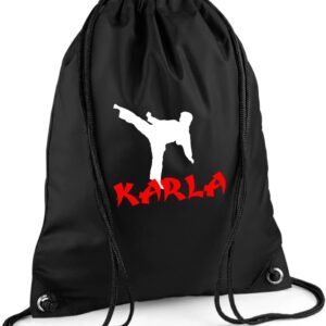 Gym Bag with Name for Children | Karate Martial Arts Motif | Personalised & Print | Sports Bag Shoe Bag Boys Girls (Black)
