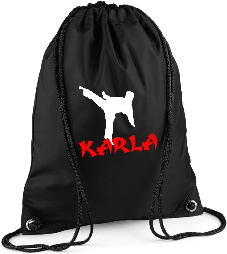 Gym Bag with Name for Children | Karate Martial Arts Motif | Personalised & Print | Sports Bag Shoe Bag Boys Girls (Black)