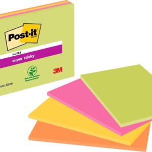 Post-it Super Sticky Meeting Notes - Neon Colours Green, Pink, Orange & Ultra Yellow - 4 Pads Per Pack - 45 Sheets Per Pad - 200 mm x 149 mm
