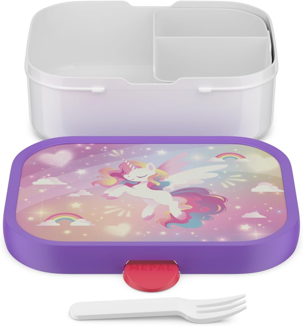 Mepal - Campus Lunch Box - Bento Lunch Box for Children - Lunch Box with Bento Compartment and Fork - Meal Prep Box with Clip Closure - BPA Free & Dishwasher Safe - 750 ml - Unicorn Glow – Bild 2