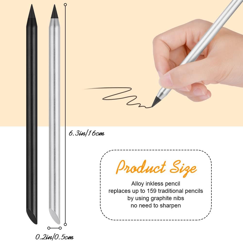 AUAUY Pack of 2 Metal Inkless Pencils, Pencil Without Sharpener with 2 Interchangeable Perpetual Pencil Replacement Heads for Children and Adults Pencils (Black, Silver), From 3 Years – Bild 6