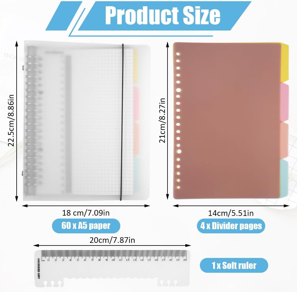 Notebook A5 Squared Spiral Pad with 4 Coloured Dividers, 1 Soft Ruler, A5 Ring Binder Refillable, A5 Spiral Pad Squared with Index Divider, for Home, School, Office (60 Sheets) – Bild 2