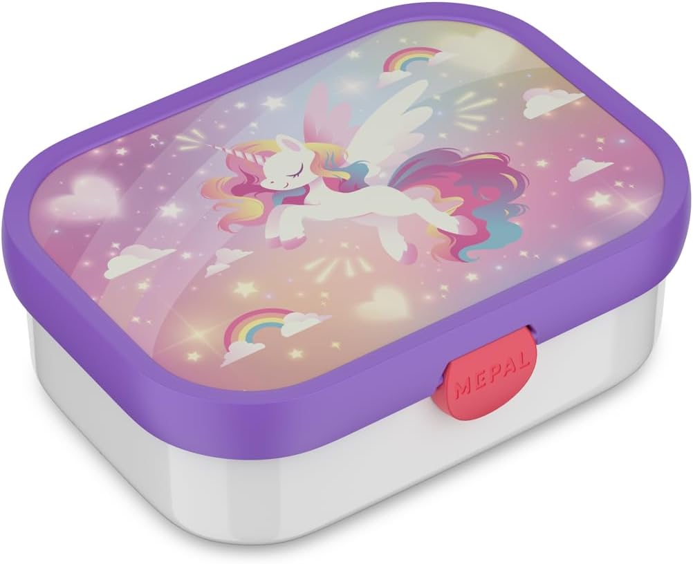 Mepal - Campus Lunch Box - Bento Lunch Box for Children - Lunch Box with Bento Compartment and Fork - Meal Prep Box with Clip Closure - BPA Free & Dishwasher Safe - 750 ml - Unicorn Glow
