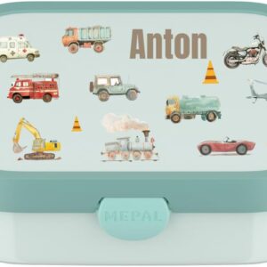 Mepal Personalised Lunch Box Children with Compartments, Lunch Box with Name, BPA-Free, Leak-Proof, Bento Box Set with Colourful Print Vehicles (Mint)