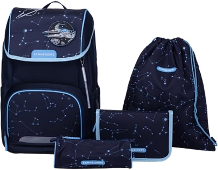 Schneiders Ergojet Space Dream School Bag Set (6 Pieces) - Convertible Boys' School Bag with LED Light, Ergonomic & Sustainable, Lightweight (990 g), Space Motif, 21 L, Blue, blue, One size
