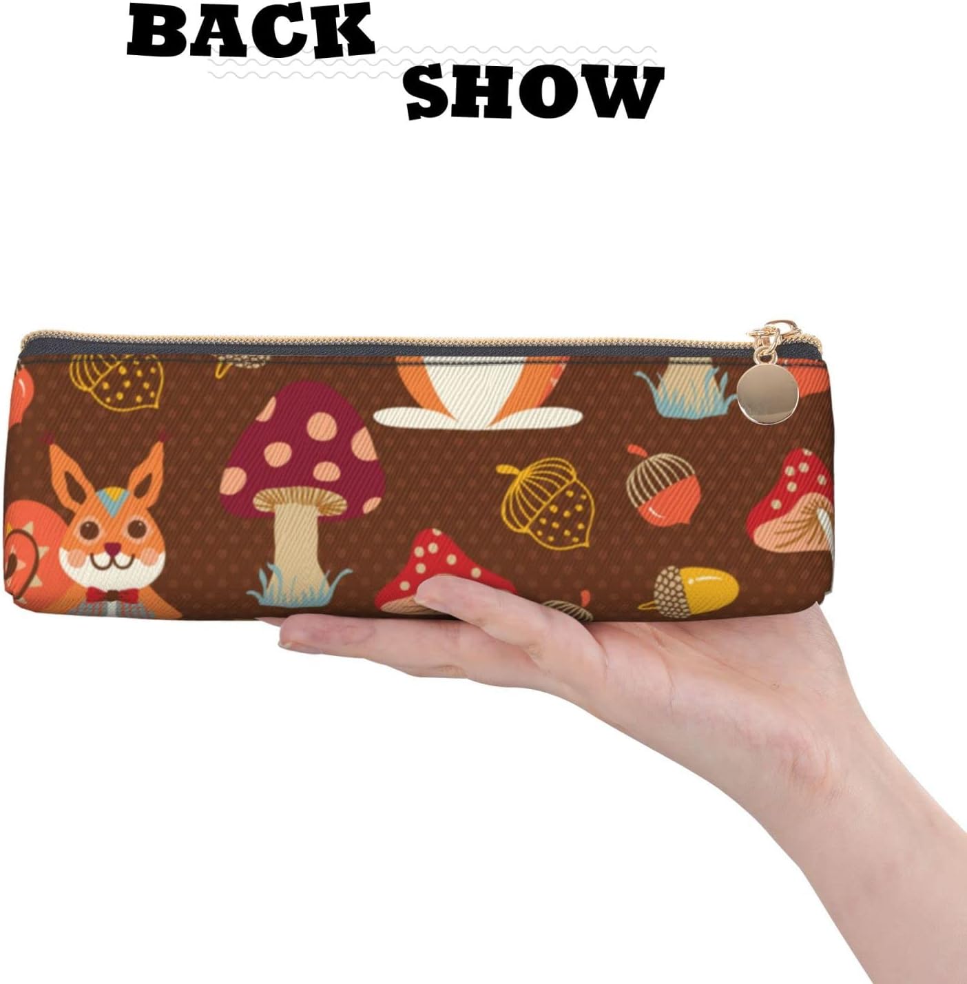 Cute Squirrel Mushroom Pencil Case Triangle Pencil Case Portable Pencil Case Leather Organizer Zipper Cosmetic Bag, White, Bag organiser – Bild 4