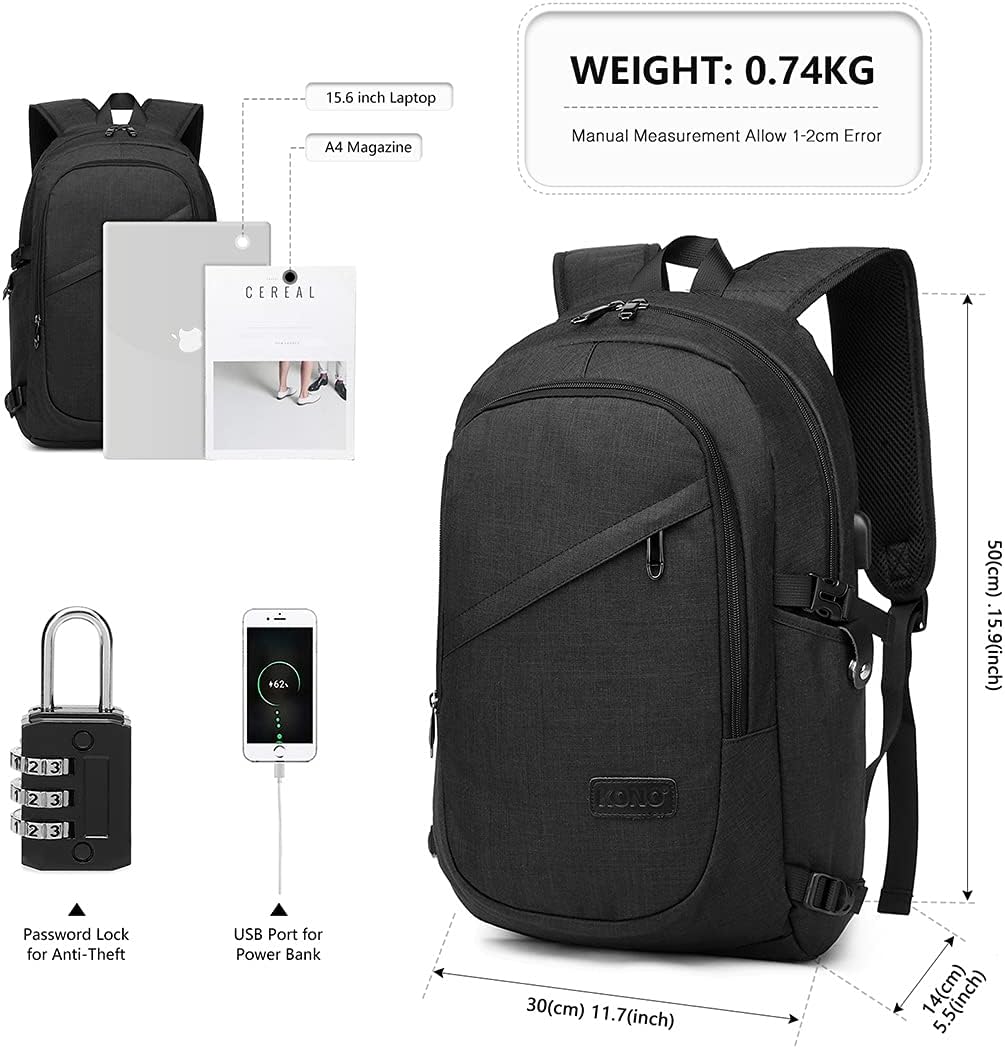 KONO Travel Laptop Backpacks College Backpack for School Anti-Theft 15.6 Inch Laptop Backpack with USB Charging Port Lightweight Laptop Computer Business Work Bag – Bild 5