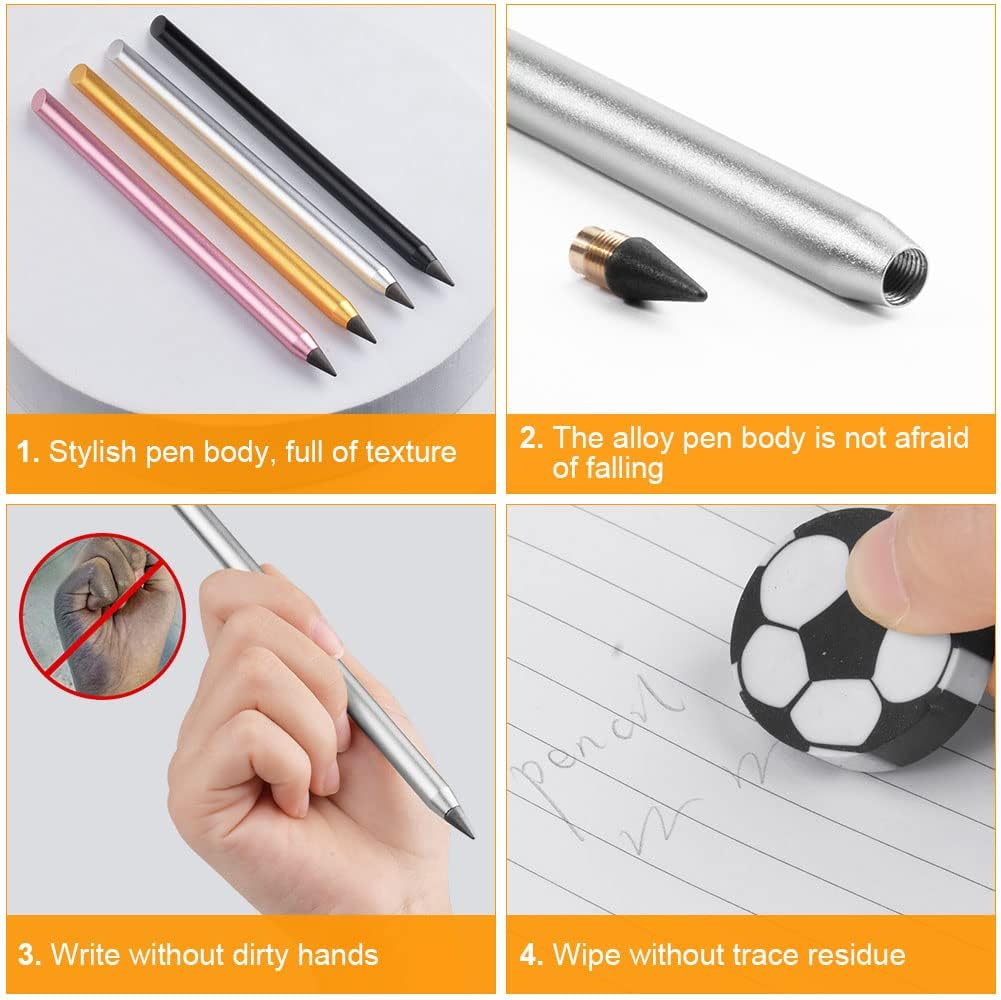 AUAUY Pack of 2 Metal Inkless Pencils, Pencil Without Sharpener with 2 Interchangeable Perpetual Pencil Replacement Heads for Children and Adults Pencils (Black, Silver), From 3 Years – Bild 2