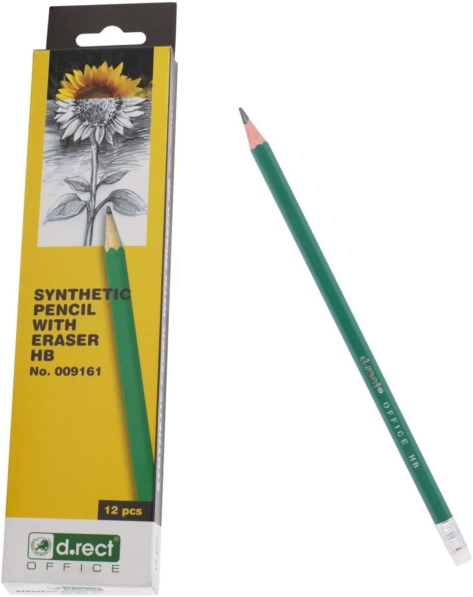 D.RECT Pencil with Eraser 12 Pieces - Synthetic Pencils Set with 12 Pencils Pre-Sharpened - Hardness HB
