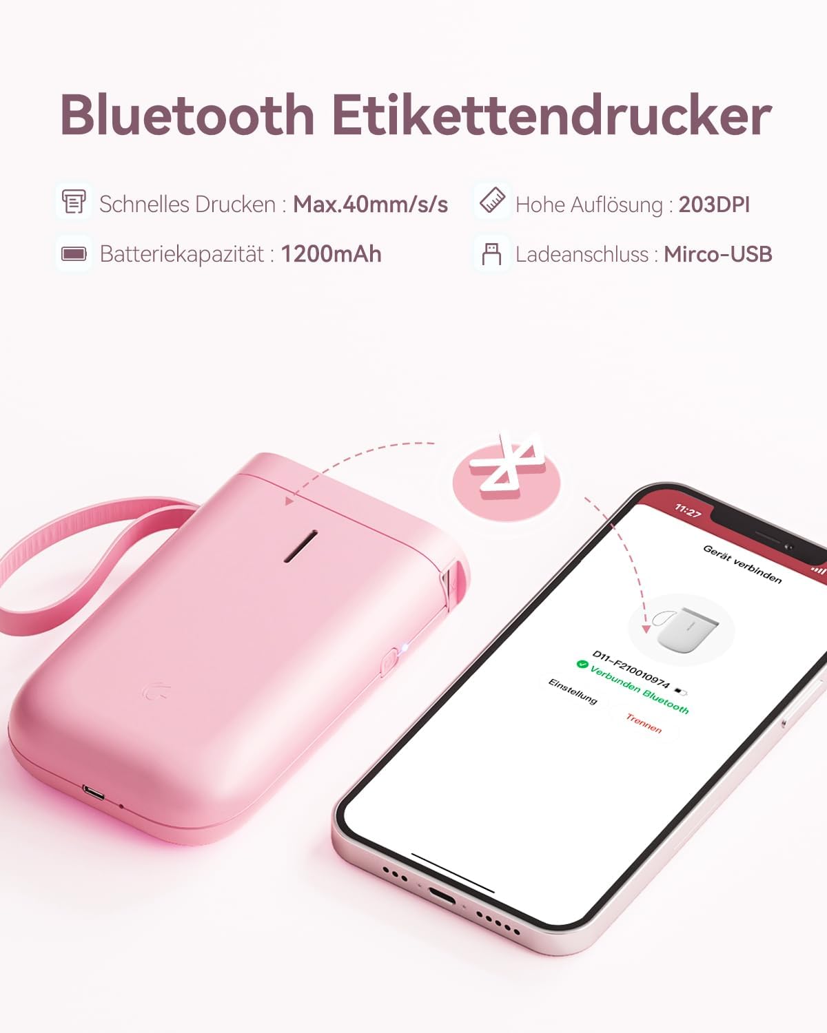 NIIMBOT Mini D11 Label Printer, Portable Bluetooth Labelling Device, Self-Adhesive, Sticker Printer Label Printer with iOS Android, Suitable for Home, School, Office, Pink – Bild 2