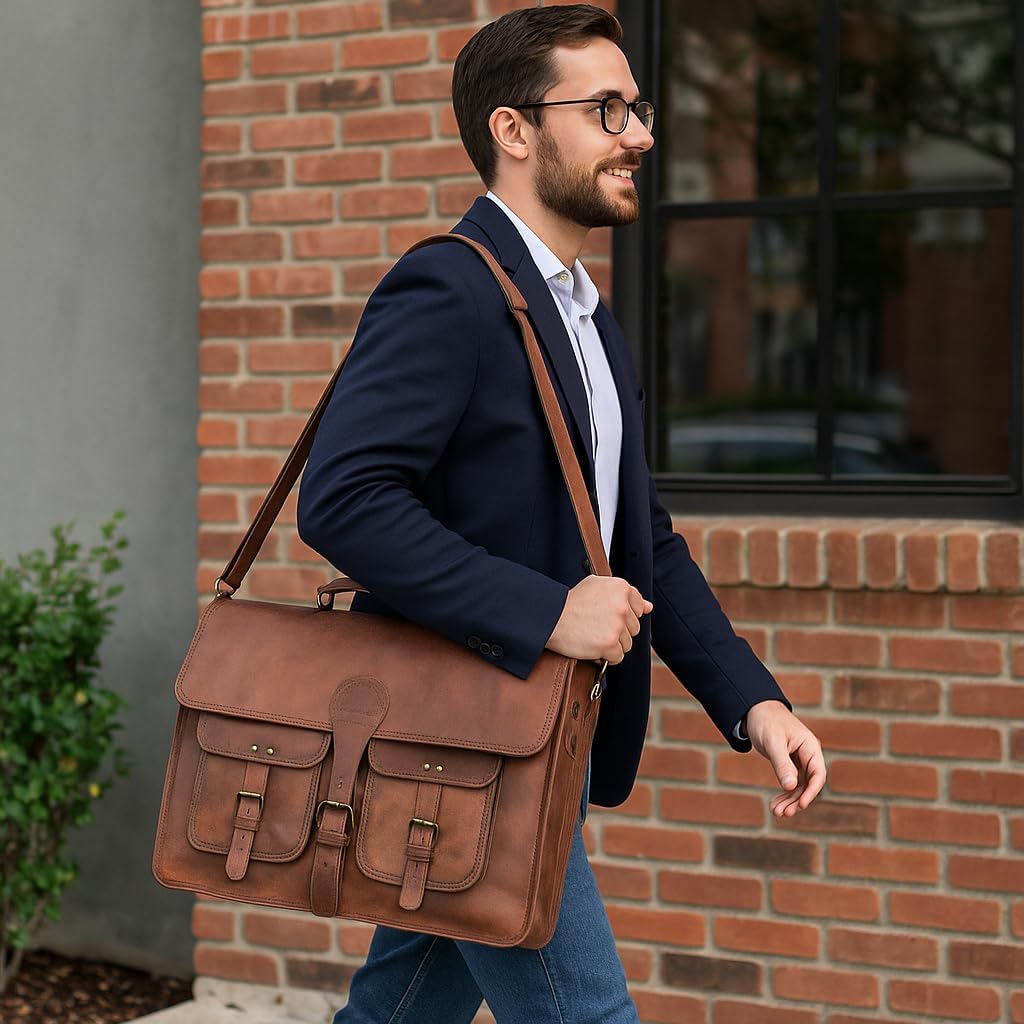KPL 18 Inch Leather Briefcase Laptop Messenger Bag Best Computer Shoulder Bag Handmade Bag for Women Men Brown L School Bag – Bild 2