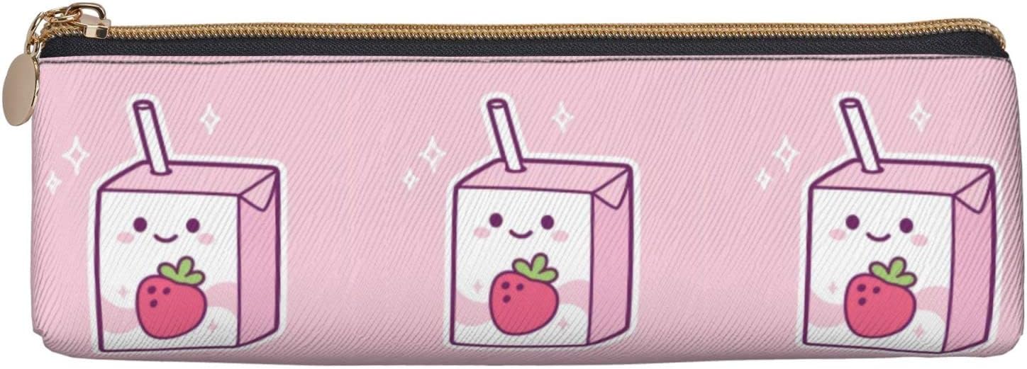 Strawberries Cows Drinking Pencil Case Triangle Portable Pencil Case Leather Organizer with Zipper Cosmetic Bag, White, Bag organiser – Bild 2