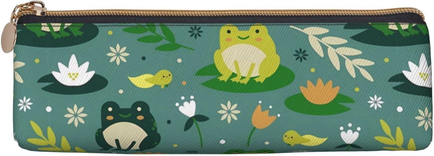 Federmäppchen mit niedlichem grünem Frösche-Muster, dreieckiges Stiftetui, tragbares Federmäppchen, Leder-Organizer mit Reißverschluss, Kosmetiktasche – Bild 2