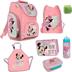 Familando Minnie Mouse School Bag Set 7-Piece Pencil Case Painting / Craft Apron and Rain Cover Pink Minnie Mouse