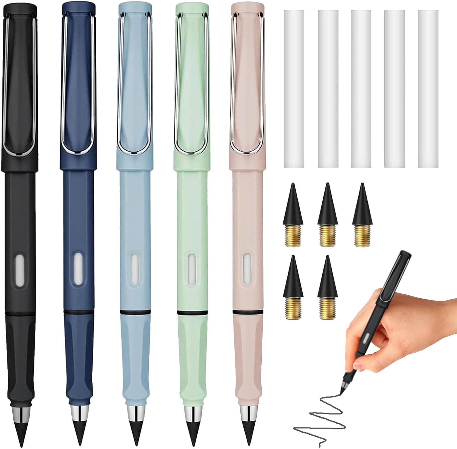 Magic Pencil, Swify Pencil, Pencils, Magic Pencils, Pack of 5 Metal Inkless Pencils, Magic Pencil with 5 Interchangeable Heads and 5 Eraser Interchangeable Head