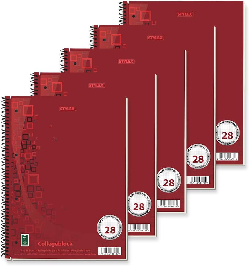 Stylex 43878-P5 College Notepad Premium Squared Pack of 5, DIN A4, 80 Sheets, 90 g/m² Paper, Spiral Bound