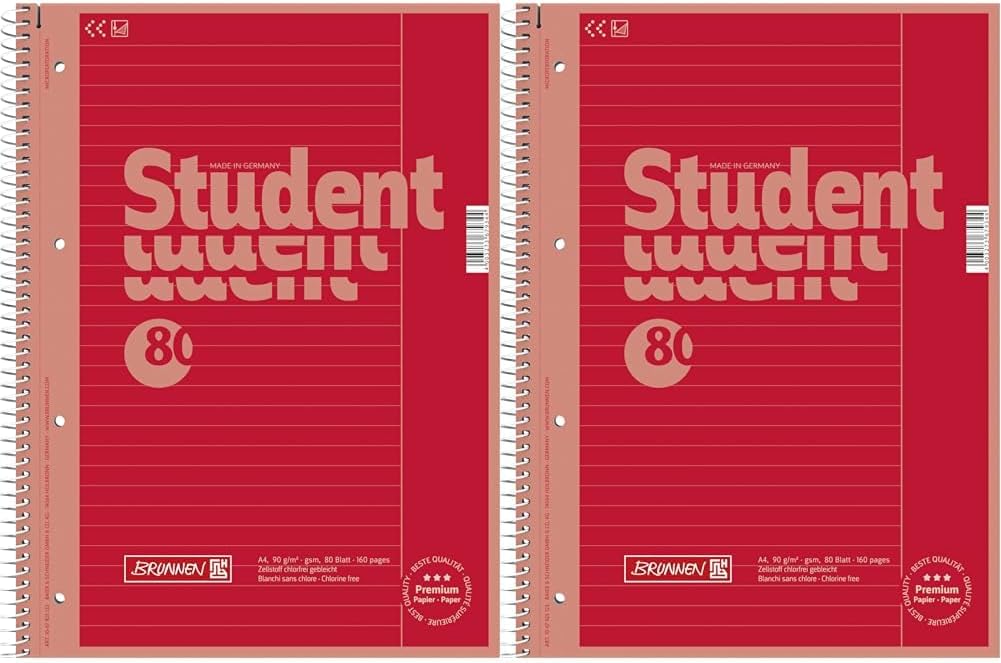Brunnen 1067925123 Student Colour Code Notepad (A4 Lined, Line Style 25, 90 g/m², 80 Sheets) Red (Pack of 2)